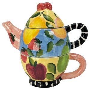 Ganz Bella Casa Single Serve Teapot Cup Fruit Strawberry Apple Cherry Pear Orang